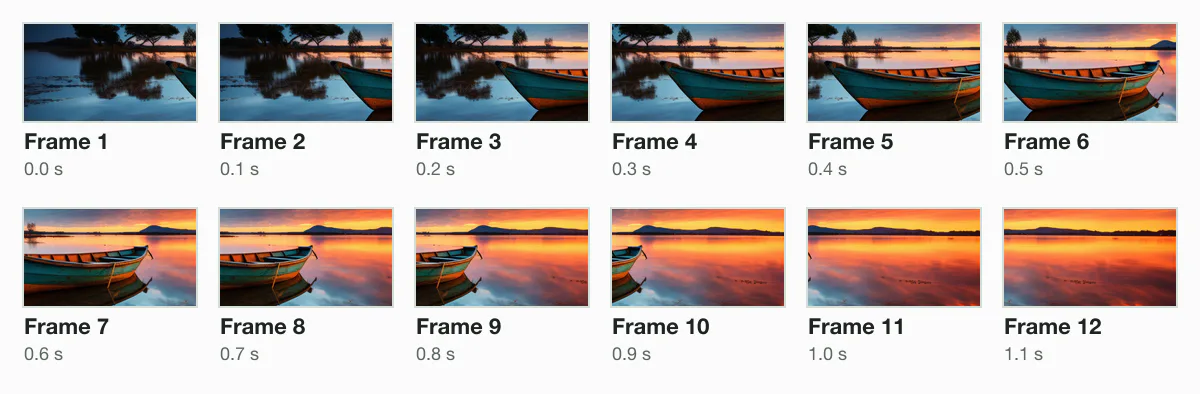 The 12 frames of the test animation, a window panning left to right across a boat on a lake at sunset, 0.1 seconds apart.