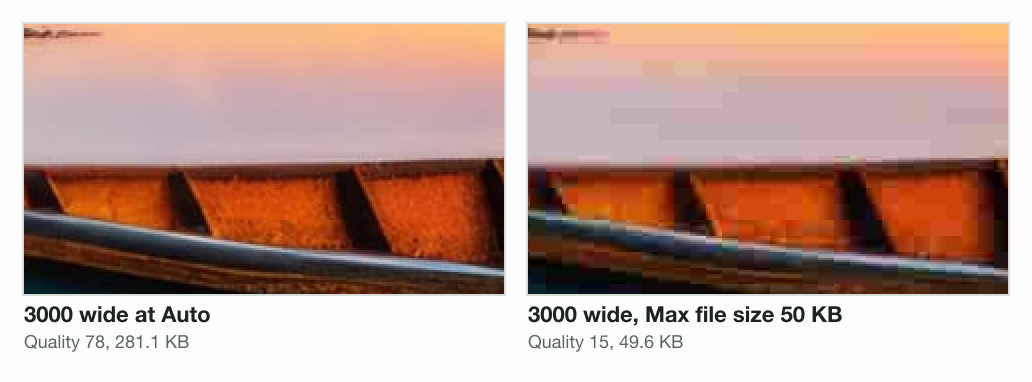The boat in the 3000 wide JPG at its own pixels, enlarged 2 times: at Auto, quality 78 and 281.1 KB, and under a 50 KB cap, quality 15 and 49.6 KB, visibly blocky.