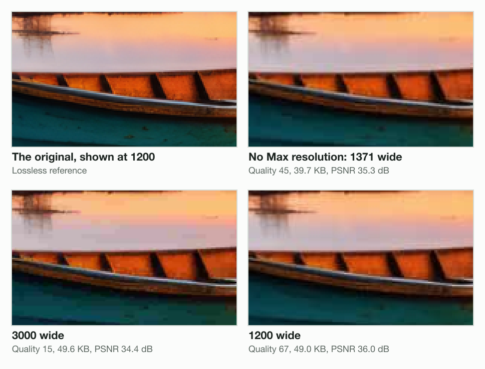 The boat in our camera photo, 4 crops shown at 1200 wide and enlarged 3 times: the lossless original; no Max resolution, 1371 wide at quality 45, 35.3 dB; 3000 wide at quality 15, 34.4 dB; 1200 wide at quality 67, 36.0 dB.