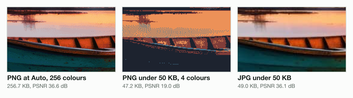 The boat at 1200 wide, enlarged 2 times: PNG at Auto, 256 colours, 256.7 KB; PNG under 50 KB, 4 colours, 47.2 KB, 19.0 dB; JPG under 50 KB, 49.0 KB, 36.1 dB.