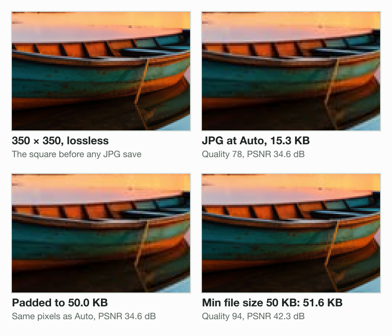 The boat from our 350 × 350 square, enlarged 3 times, 4 ways: lossless; JPG at Auto 15.3 KB, 34.6 dB; padded to 50.0 KB, still 34.6 dB; Min file size 50 KB, 51.6 KB at quality 94, 42.3 dB.