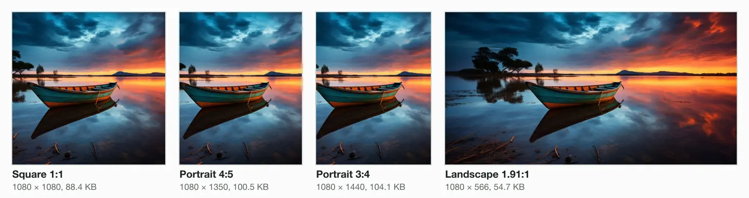 Our camera photo cut to Instagram's four feed shapes at 1080 wide: square 1080 × 1080 at 88.4 KB, portrait 4:5 at 100.5 KB, portrait 3:4 at 104.1 KB and landscape 1.91:1 at 54.7 KB.