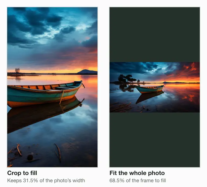 Our landscape boat photo as a 1080 × 1920 story two ways: cropped to fill, which keeps 31.5% of the photo's width, and fitted whole on a dark fill, which leaves 68.5% of the frame empty.