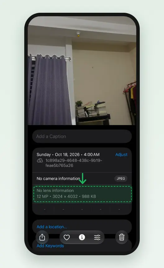Screenshot of the iPhone Photos info panel for the HD copy saved from WhatsApp: No camera information, JPEG, 12 MP, 3,024 × 4,032, 988 KB, marked.