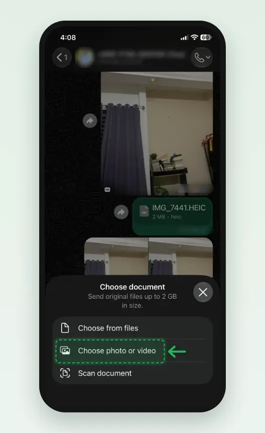 Screenshot of the Choose document sheet in WhatsApp on an iPhone, reading Send original files up to 2 GB in size, with Choose from files, Choose photo or video marked, and Scan document.
