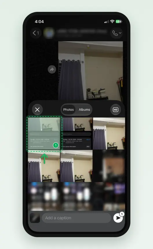 Screenshot of the WhatsApp photo picker on an iPhone, opened from Message yourself: one photo selected with a green 1, marked. Other photos in the library and the header are blurred.