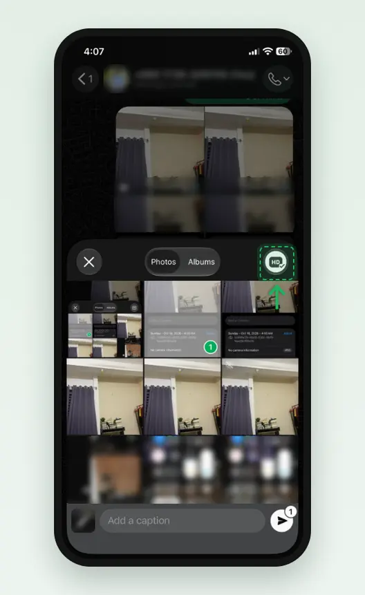 Screenshot of the WhatsApp photo picker on an iPhone with the HD button switched on, showing a checkmark, marked at the top right. The header and other photos are blurred.