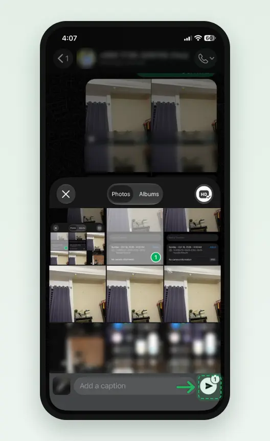 Screenshot of the WhatsApp photo picker on an iPhone with HD on and the Send button at the bottom right marked.