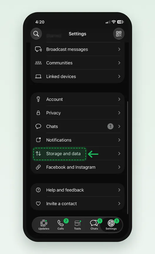 Screenshot of WhatsApp Settings on an iPhone scrolled down: Account, Privacy, Chats, Notifications, Storage and data marked, Facebook and Instagram.