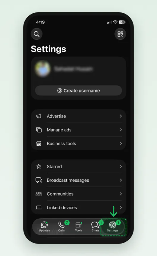 Screenshot of WhatsApp Settings on an iPhone with the Settings tab marked at the bottom right. The profile name and photo are blurred.