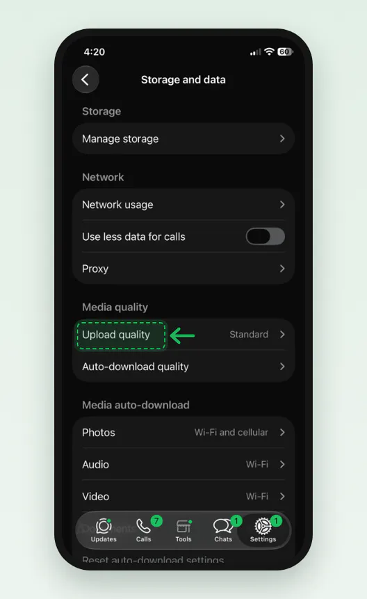 Screenshot of the Storage and data page in WhatsApp on an iPhone: Media quality, with Upload quality reading Standard, marked.