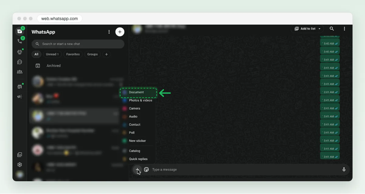 Screenshot of WhatsApp Web in Chrome with the attach menu open and Document marked. The chat list and the account header are blurred.