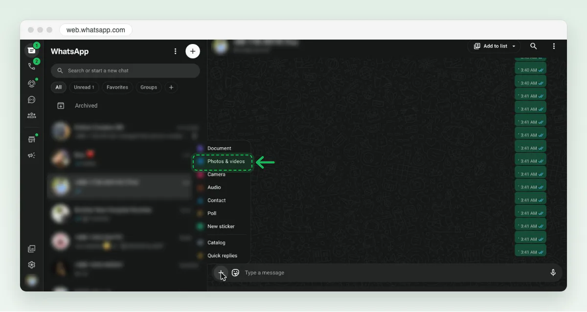 Screenshot of WhatsApp Web in Chrome with the attach menu open and Photos & videos marked. The chat list and the account header are blurred.