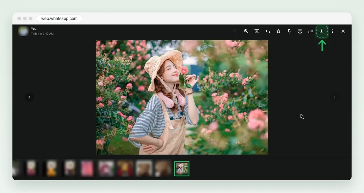 Screenshot of the WhatsApp Web photo viewer with the Download button marked at the top right. The avatar and the other media thumbnails are blurred.