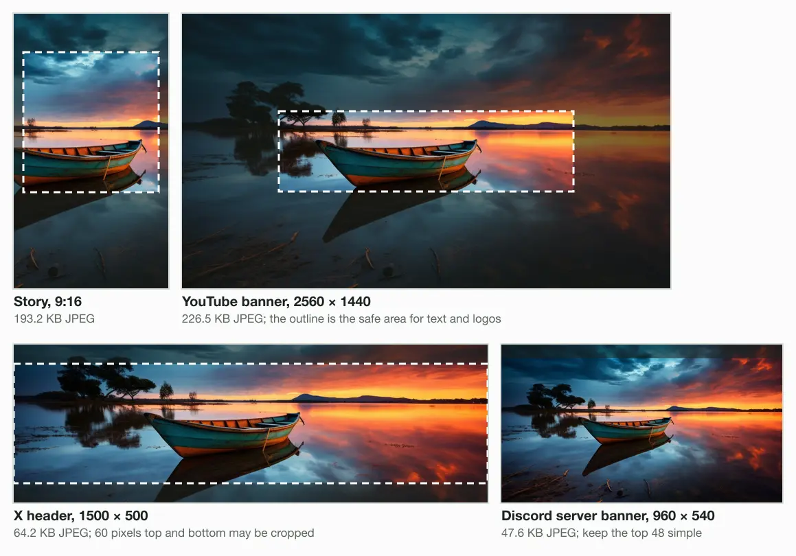 The test photo as a 1440 × 2560 story (193.2 KB), a 2560 × 1440 YouTube banner (226.5 KB), a 1500 × 500 X header (64.2 KB) and a 960 × 540 Discord server banner (47.6 KB), covered parts darkened, safe areas outlined. The boat fits the story and banner; the X header loses sky and water.