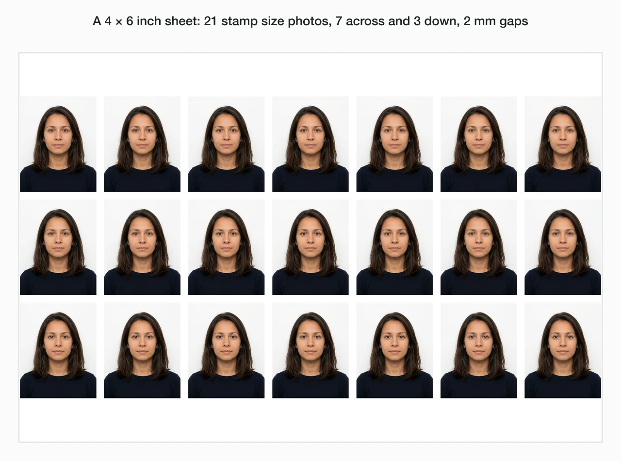 A 4 × 6 inch sheet laid out at 300 DPI with 21 copies of a stamp size portrait, 7 across and 3 down, 2 mm of white between them for cutting.