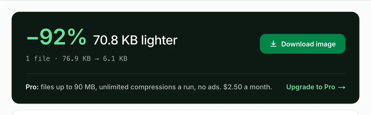 The result card after Save: 76.9 KB to 6.1 KB and a Download image button