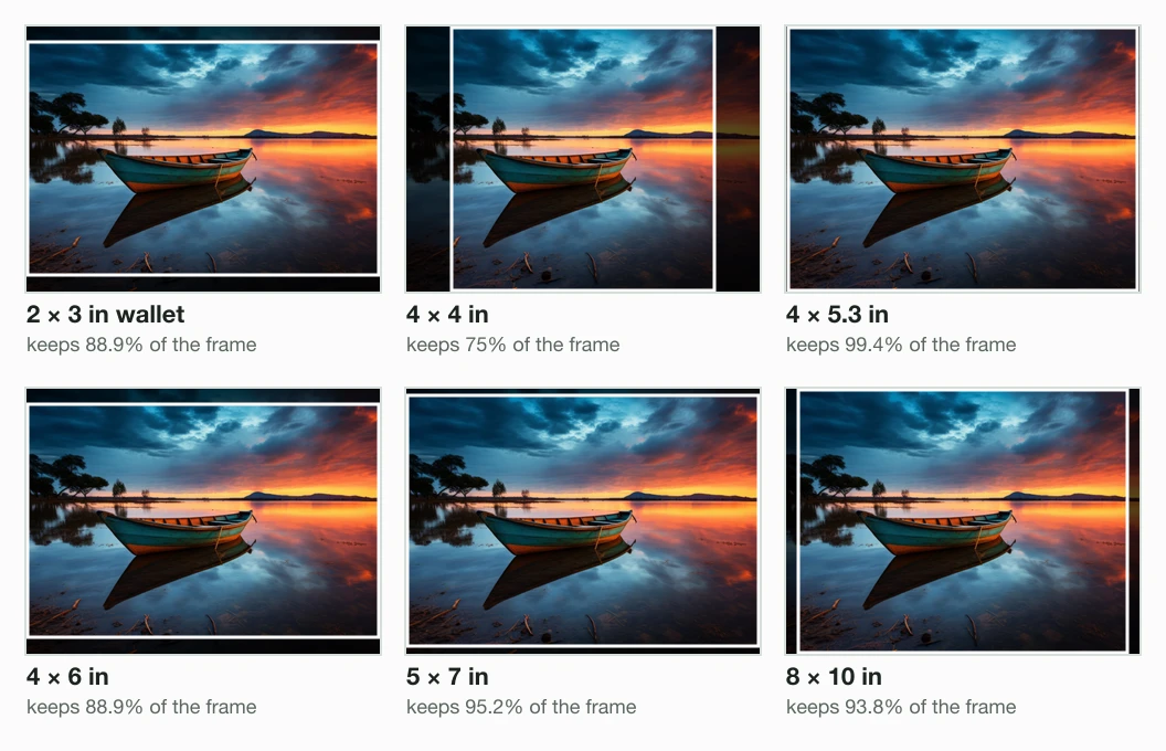Our 4:3 phone frame 6 times, with the part each print cuts away dimmed: a 2 × 3 wallet keeps 88.9%, 4 × 4 keeps 75%, 4 × 5.3 keeps 99.4%, 4 × 6 keeps 88.9%, 5 × 7 keeps 95.2% and 8 × 10 keeps 93.8%.
