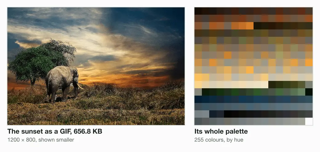Our 1200 × 800 sunset photo as a 656.8 KB GIF, beside its whole palette: 255 colour swatches in a 16 × 16 grid, sorted by hue, out of 322,689 colours in the lossless original.