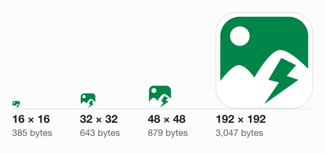 The Blinkimg mark drawn to one scale, four times, from Blinkimg's engine at Auto: 16 × 16 at 385 bytes, 32 × 32 at 643 bytes, 48 × 48 at 879 bytes and 192 × 192 at 3,047 bytes.