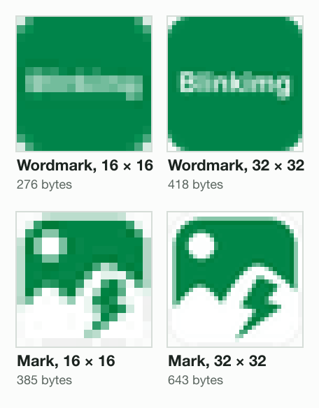 A test wordmark beside the Blinkimg mark, both from Blinkimg's engine and enlarged: the word Blinkimg is a pale bar at 16 × 16 (276 bytes) and barely legible at 32 × 32 (418 bytes); the mark keeps its shapes at both sizes.