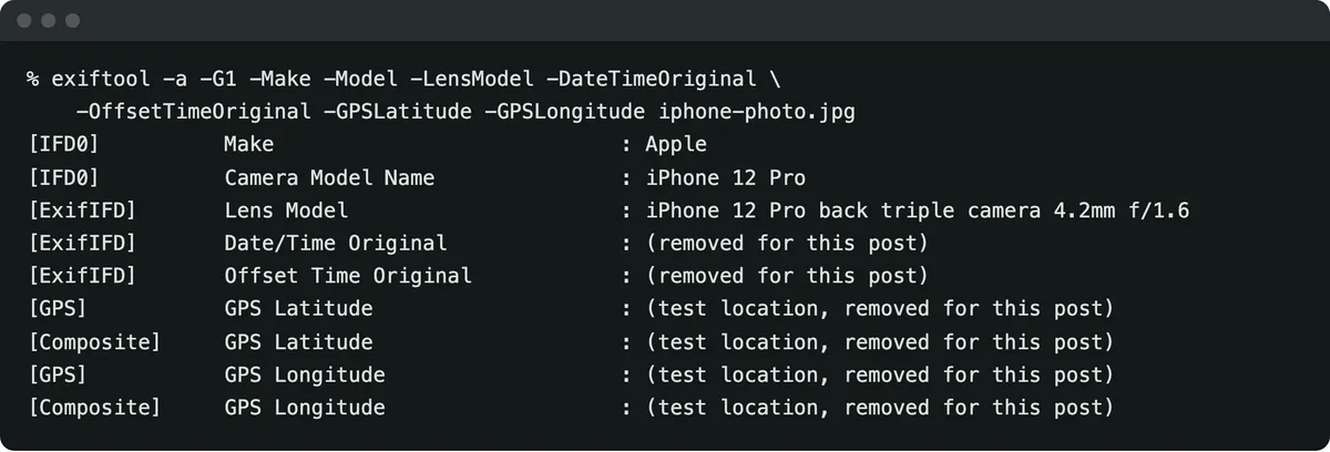 ExifTool output for our iPhone test JPG: make Apple, model iPhone 12 Pro, the lens, and the date and GPS lines with their values removed
