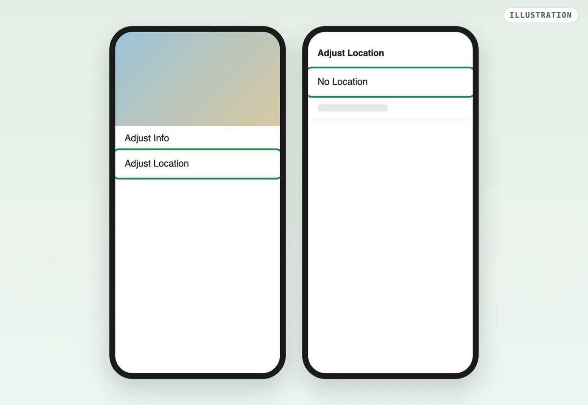 Illustration of iPhone Photos: Adjust Info and Adjust Location, then No Location