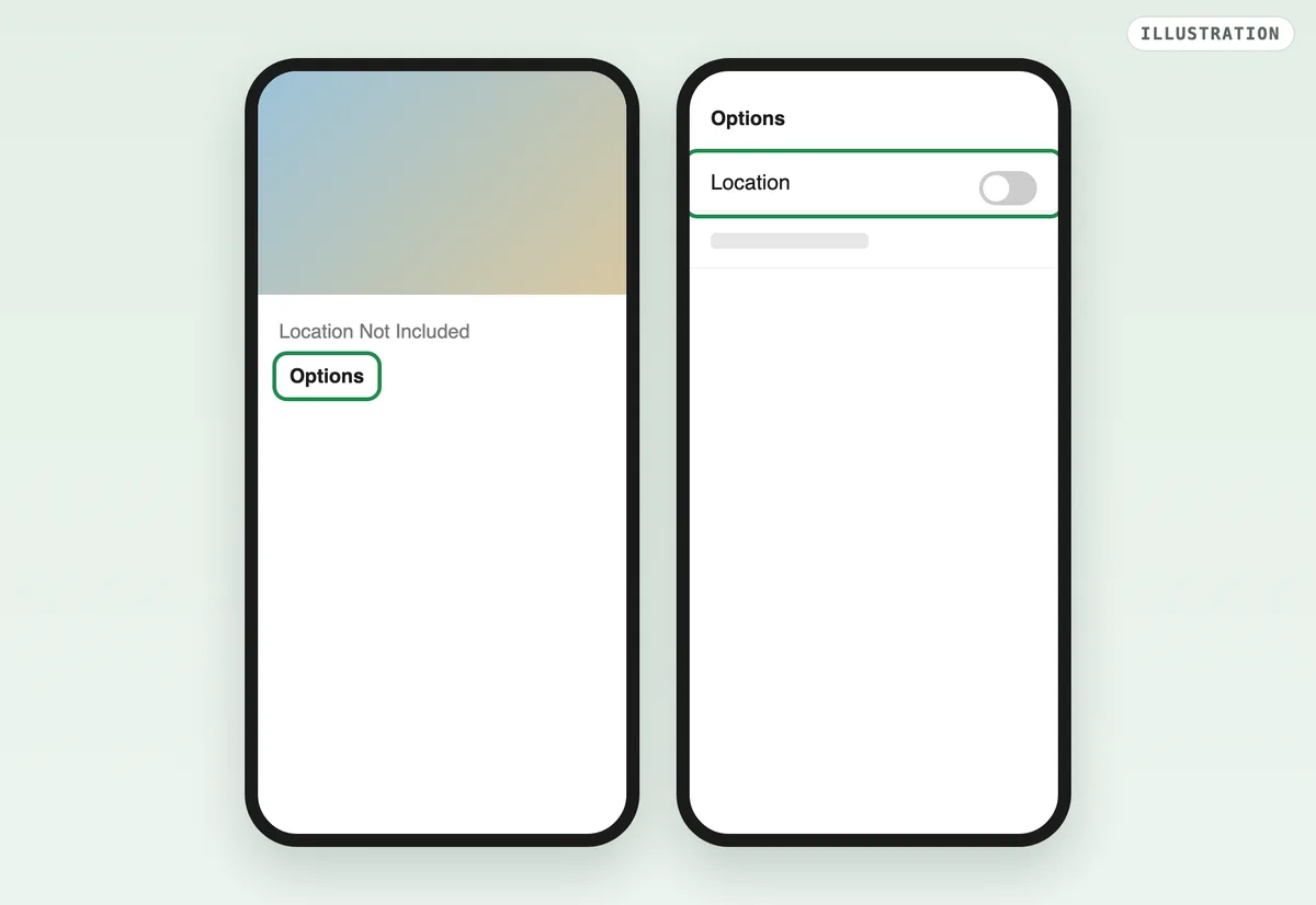 Illustration of the iPhone share sheet: Options, with the Location switch off and Location Not Included shown