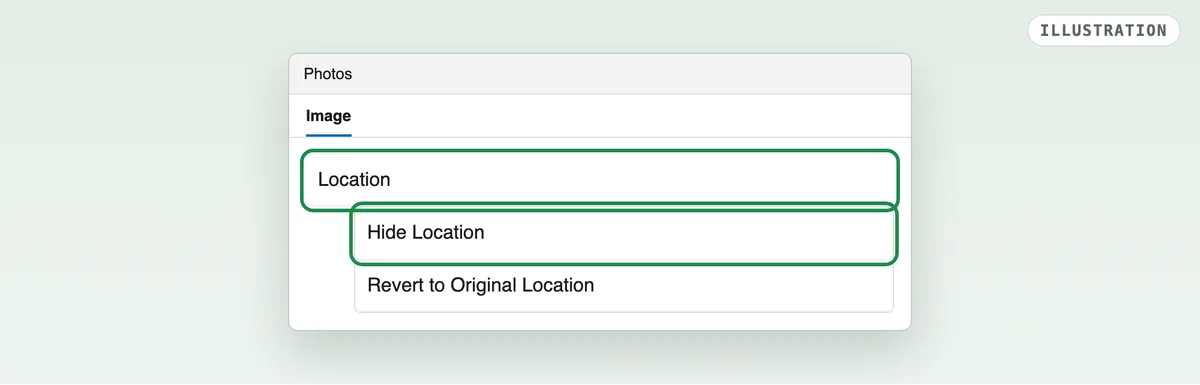 Illustration of the Photos for Mac Image menu with Location and Hide Location highlighted