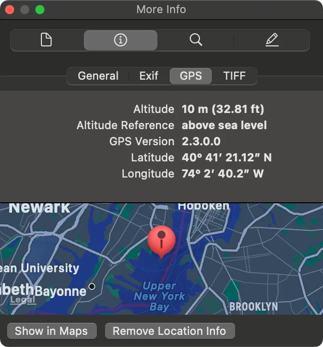 Illustration of the Preview Inspector on a Mac with the More Info tab open and a map area