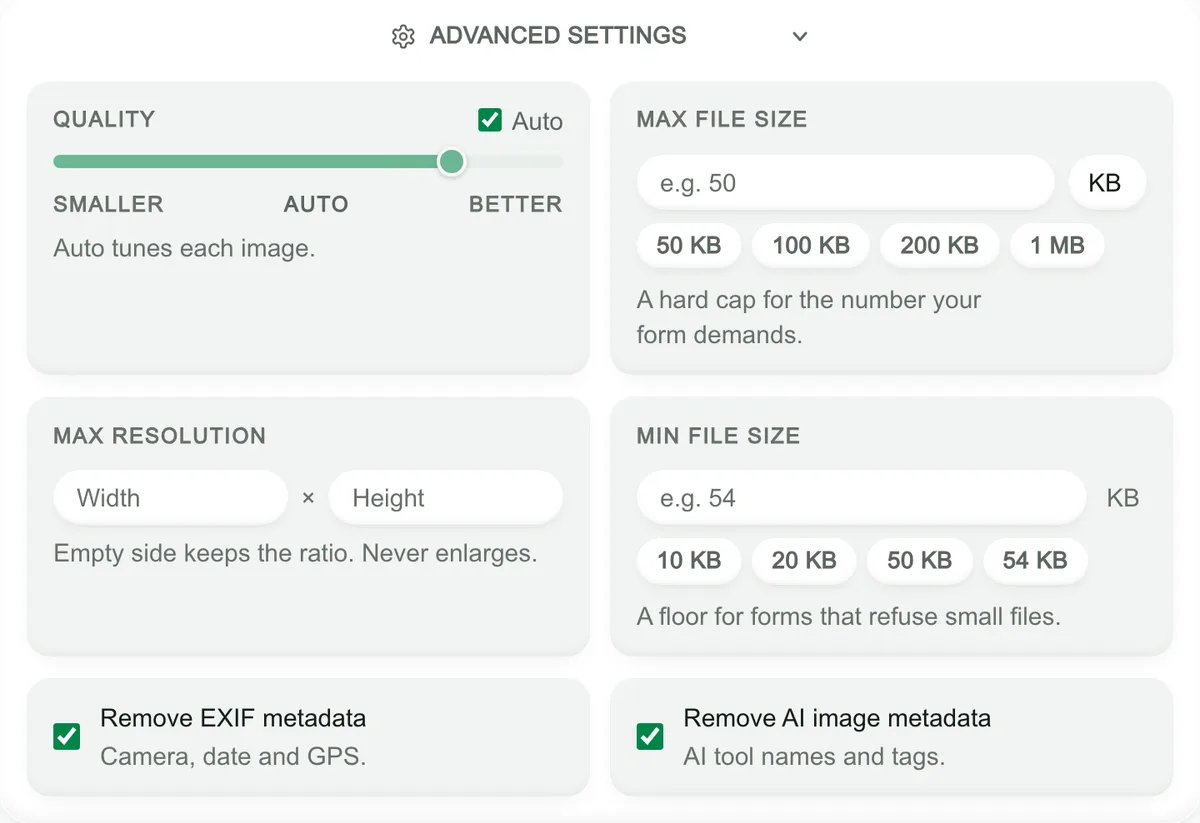 Blinkimg Advanced settings with Remove EXIF metadata and Remove AI image metadata ticked