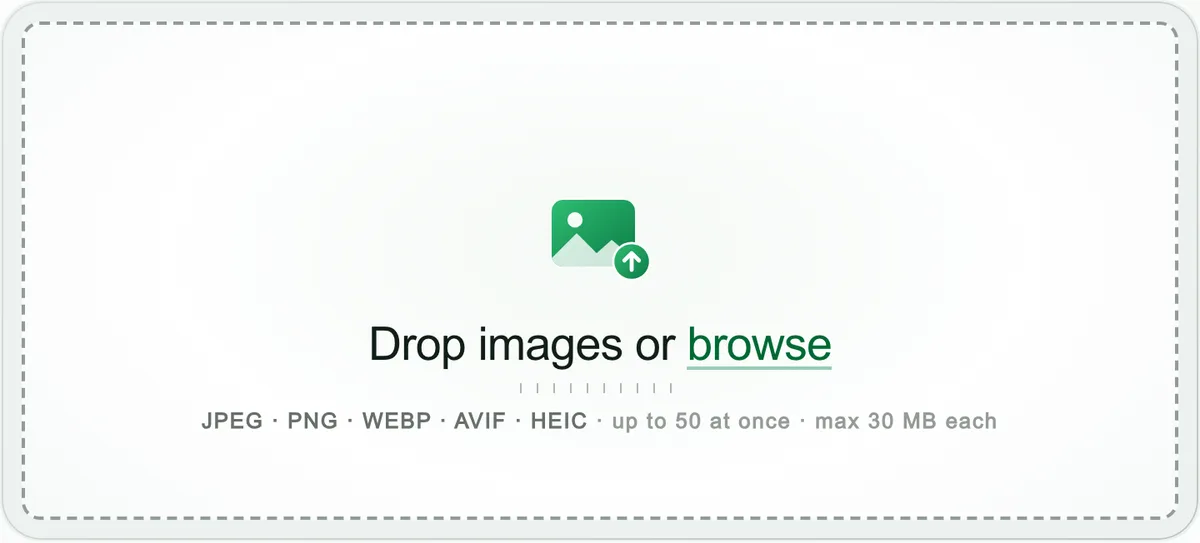 The Blinkimg drop zone, which takes JPEG, PNG, WebP, AVIF and HEIC