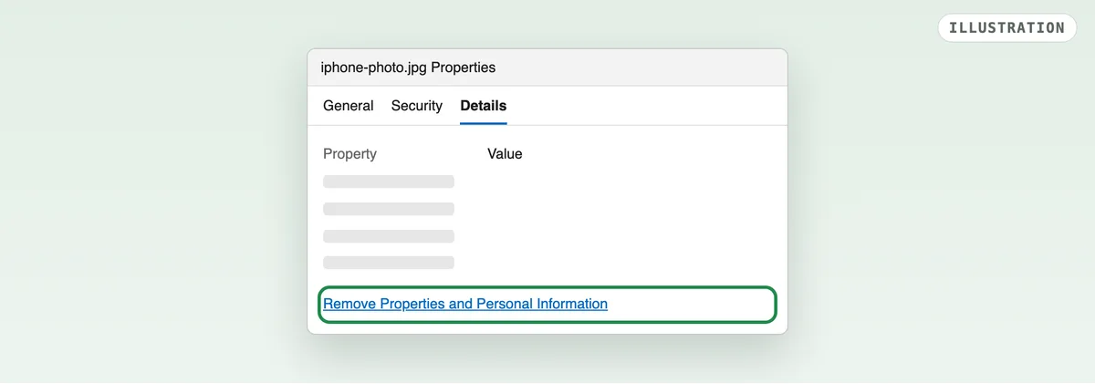 Illustration of the Windows Properties window on the Details tab, with Remove Properties and Personal Information at the foot