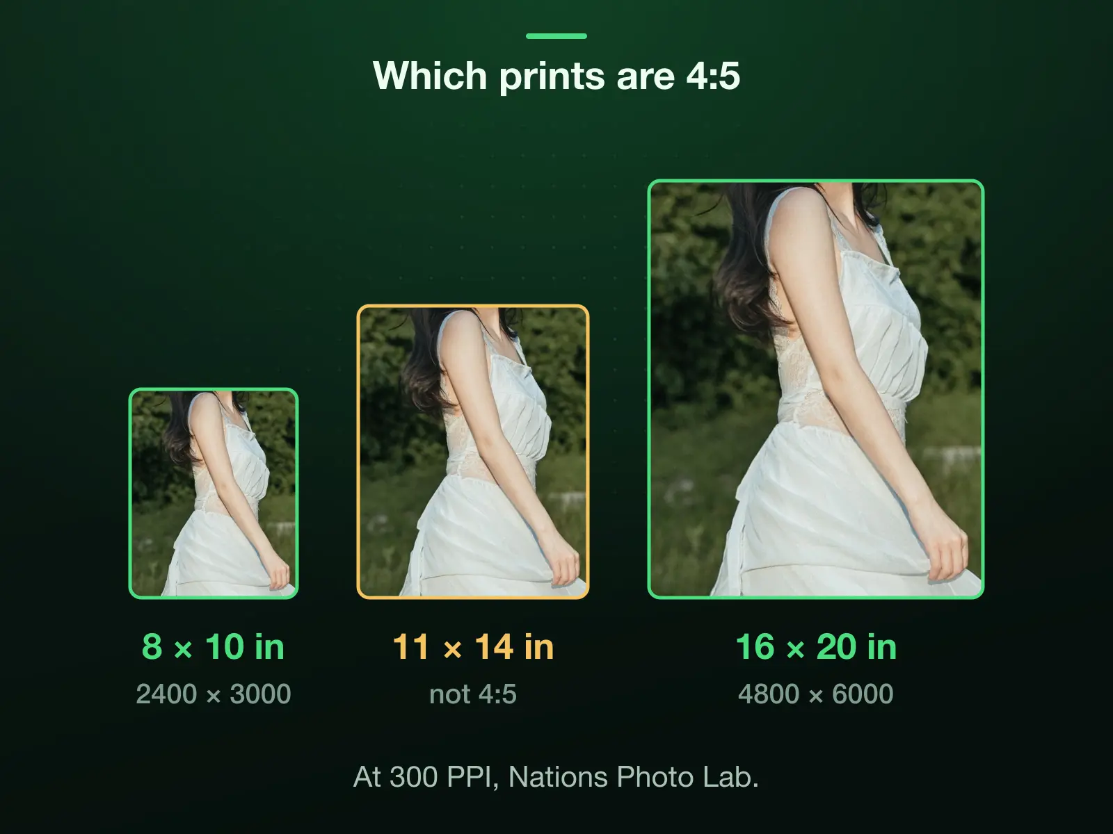 Print sizes at 300 PPI to one scale: 8 × 10 in is 2400 × 3000 pixels and 16 × 20 in is 4800 × 6000, both 4:5; 11 × 14 in, 3300 × 4200, is not 4:5.