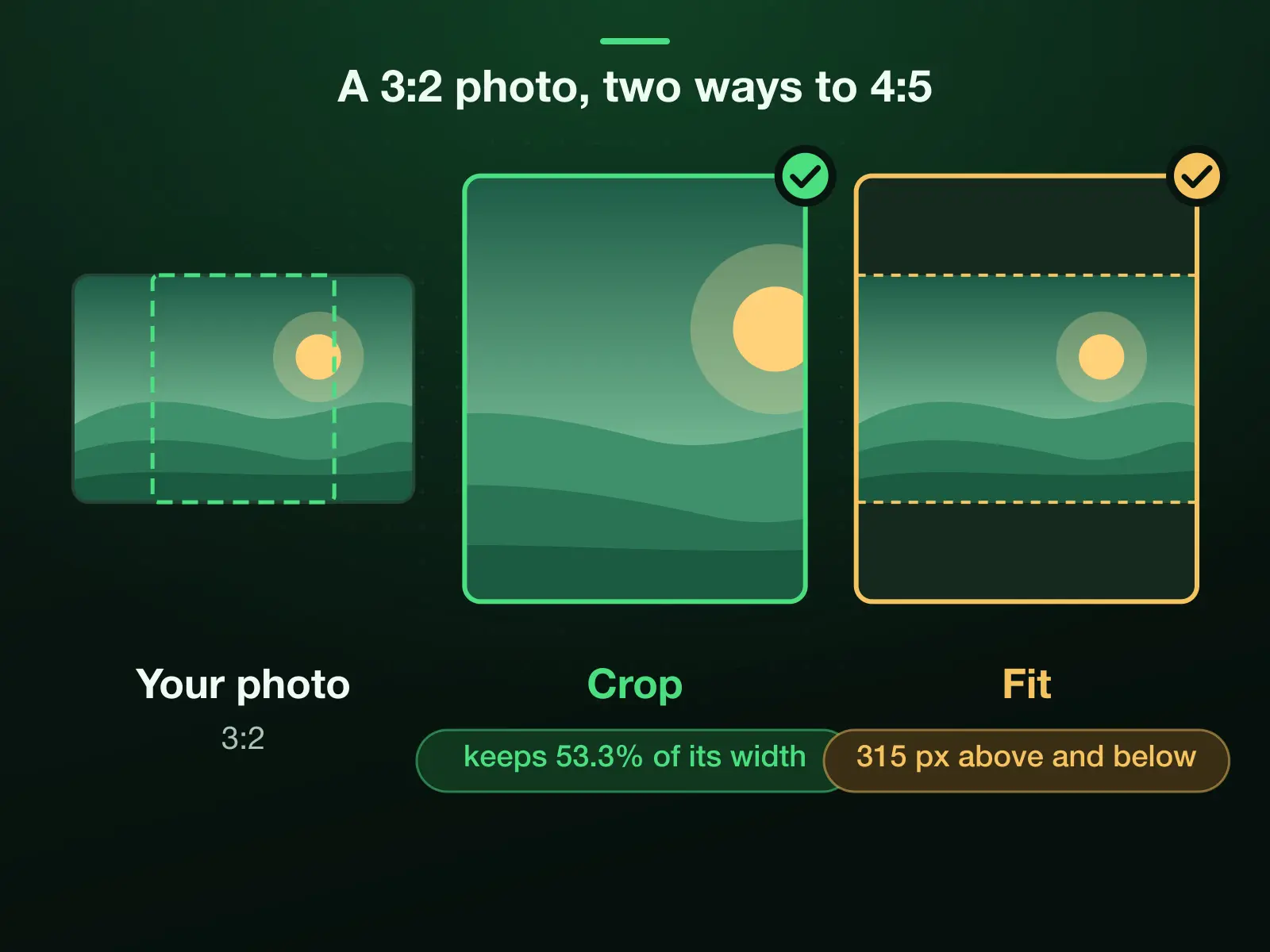 A 3:2 photo and two ways to make it 4:5 at 1080 × 1350: Crop keeps 53.3% of its width; Fit keeps the whole picture with bands of fill, 315 px above and below.