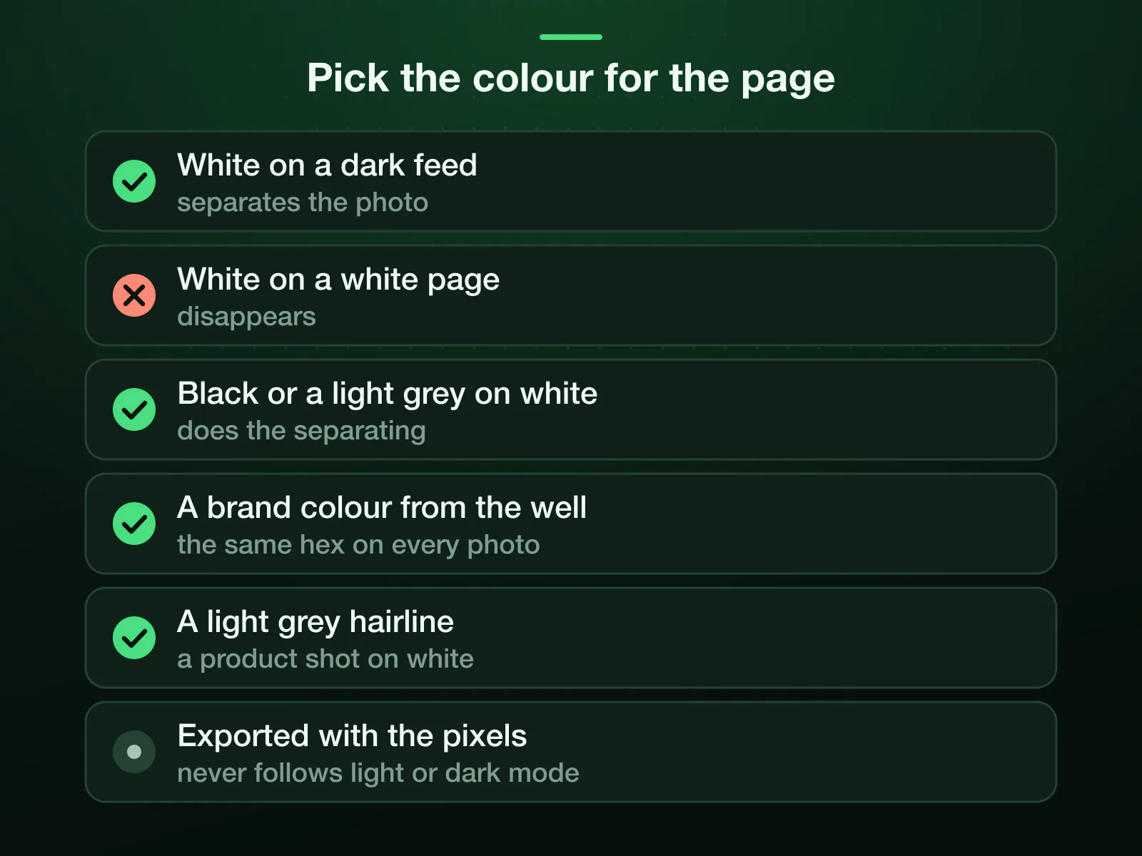 Border colour picked for the page, not the photo: white separates a photo from a dark feed and disappears on a white page, where black or a light grey does the separating. A brand colour from the colour well is the same hex on every photo in a set.