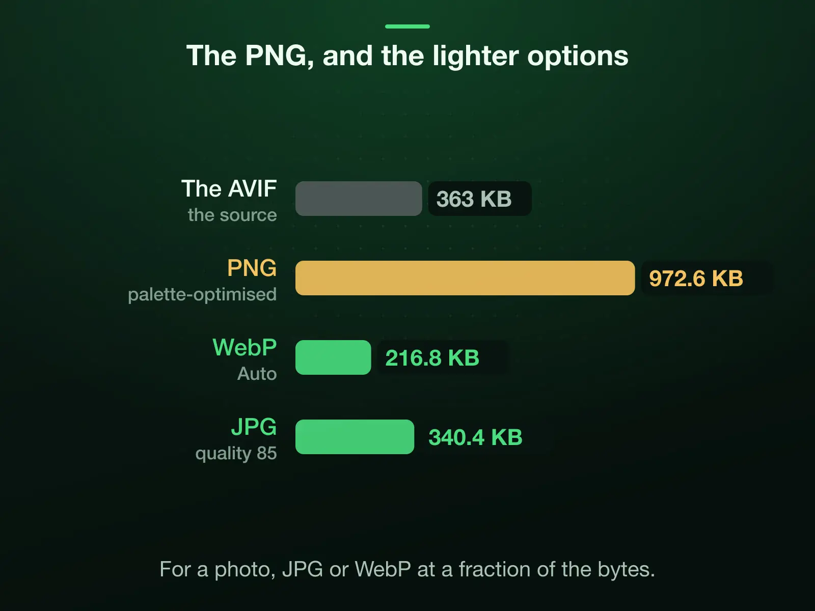 Our 363 KB reference AVIF measured 972.6 KB as a palette-optimised PNG, 216.8 KB as a WebP at Auto and 340.4 KB as a quality-85 JPG. For a photograph, the JPG or the WebP carries it at a fraction of the PNG's bytes.