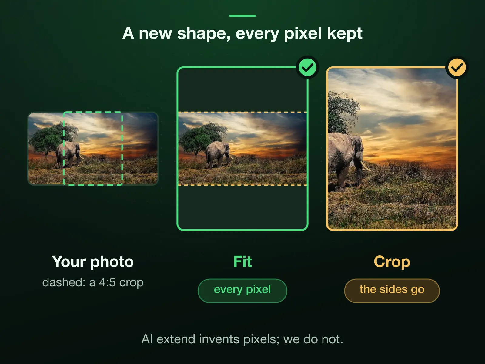 A wide photo into a 4:5 frame of 1080 × 1350 two ways: Fit keeps every pixel and fills the rest with a colour, as bands above and below; a crop keeps a 4:5 window and the sides go. AI extend would invent new pixels, and we do not.