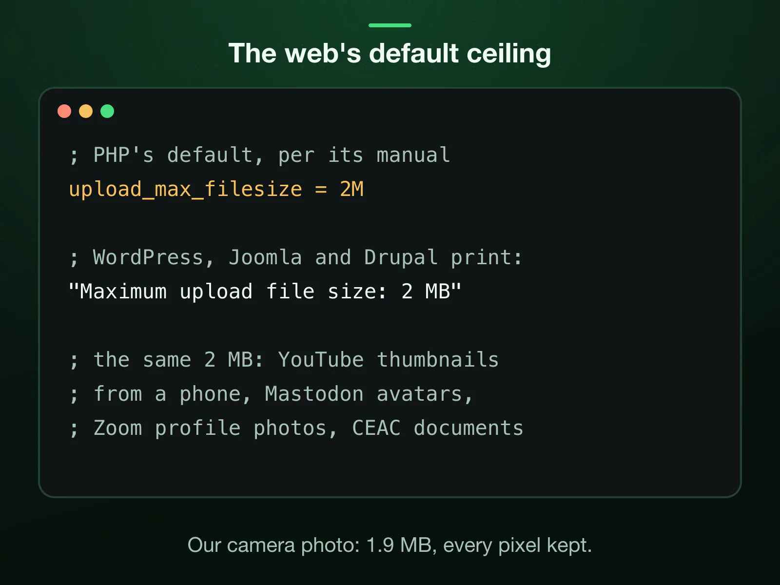 PHP's default in php.ini, upload_max_filesize = 2M, behind the "Maximum upload file size: 2 MB" notice in WordPress, Joomla and Drupal. The same 2 MB caps YouTube phone thumbnails, Mastodon avatars, Zoom profile photos and CEAC documents.