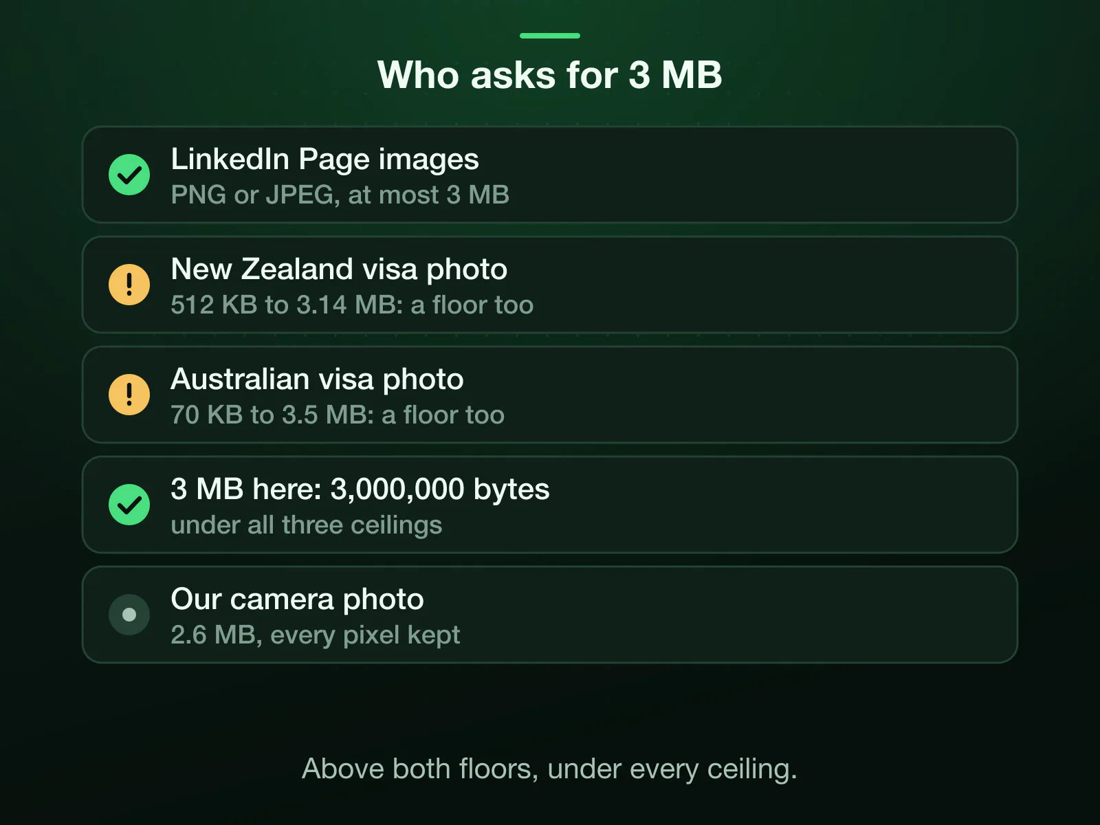 Who asks for 3 MB: LinkedIn Page images (PNG or JPEG, at most 3 MB), Immigration New Zealand's visa photo (512 KB to 3.14 MB) and Australia's visa photo (70 KB to 3.5 MB). 3,000,000 bytes sits under all three; our camera photo came back at 2.6 MB with all 4964×2782 pixels.