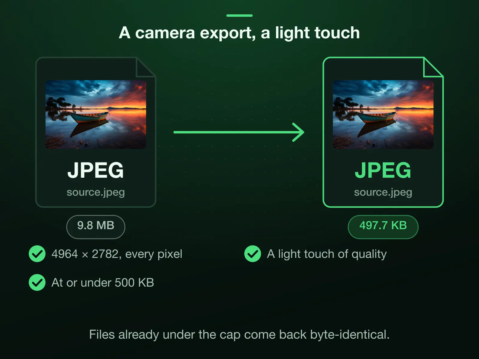 Our 9.8 MB camera photo, a 4964×2782 camera export, comes back at 497.7 KB under the 500 KB cap with every pixel kept: a light touch of quality. A file already under the cap comes back byte-identical.