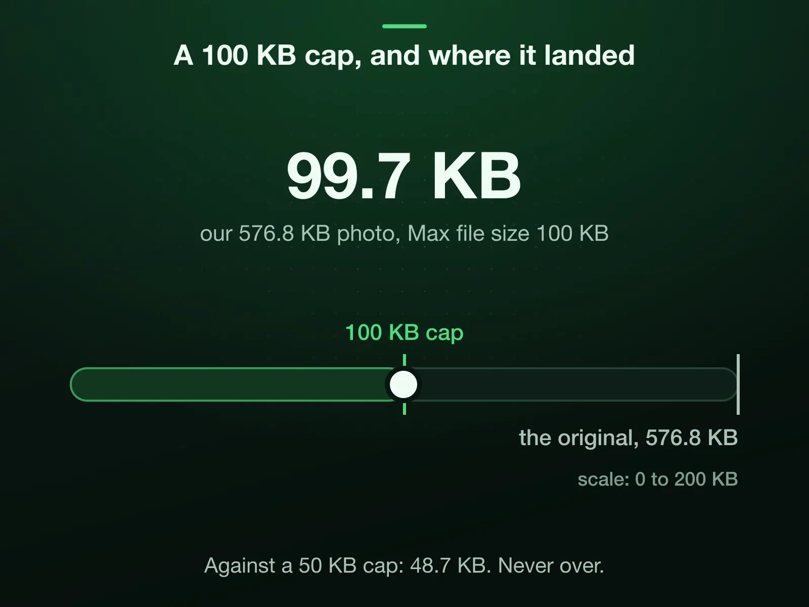 A scale from 0 to 200 KB with a 100 KB cap: our 576.8 KB reference photo, compressed with Max file size at 100 KB, landed at 99.7 KB, under the cap. Against a 50 KB cap it landed at 48.7 KB.