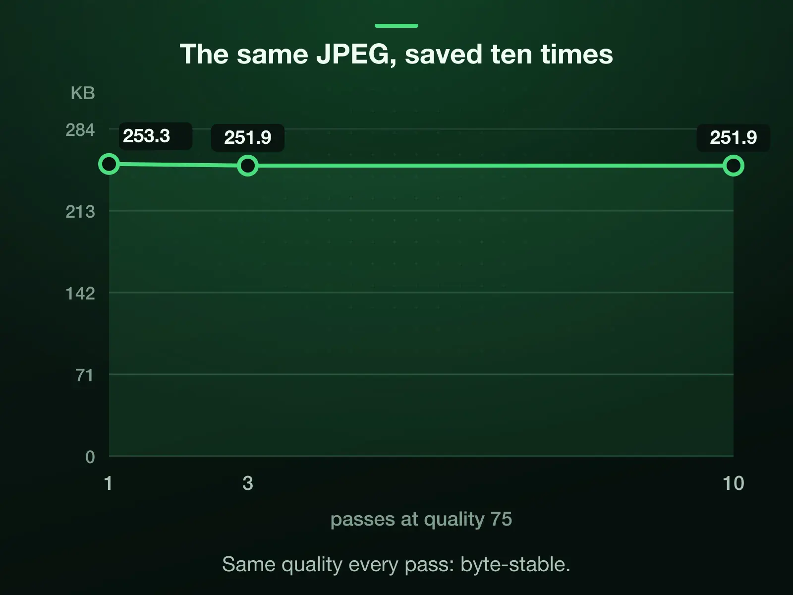 Our quality-75 JPEG re-encoded at the same quality again and again: 253.3 KB after one pass, 251.9 KB after three and 251.9 KB after ten. The line stays flat: byte-stable.
