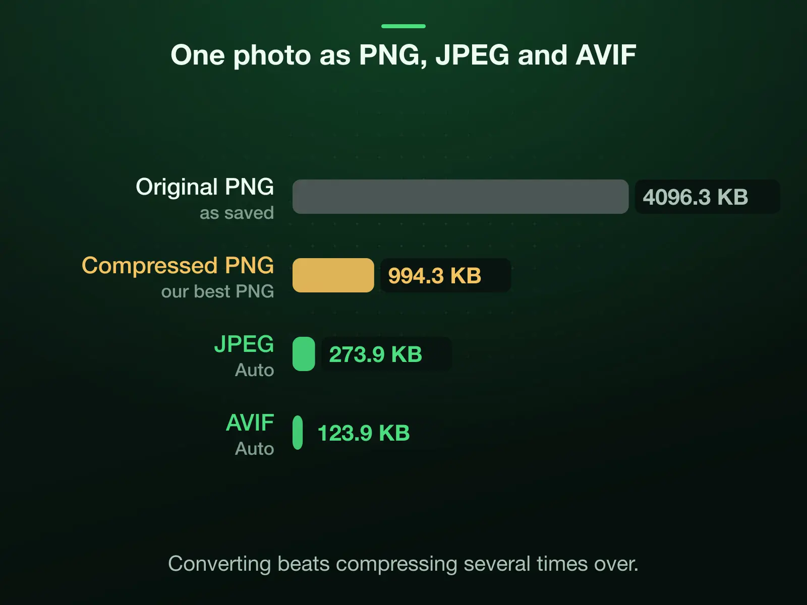One photograph measured four ways: 4096.3 KB as the original PNG, 994.3 KB as our best compressed PNG, 273.9 KB as a JPEG and 123.9 KB as an AVIF. Converting beats compressing several times over.