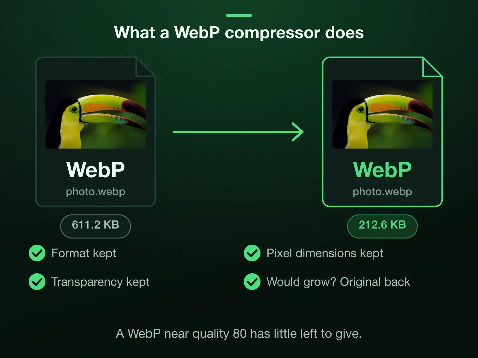 Our 611.2 KB WebP, exported at high quality, re-encoded by the compressor to a 212.6 KB WebP at Auto: the format, the pixel dimensions and the transparency are kept, and a file that would grow comes back untouched.