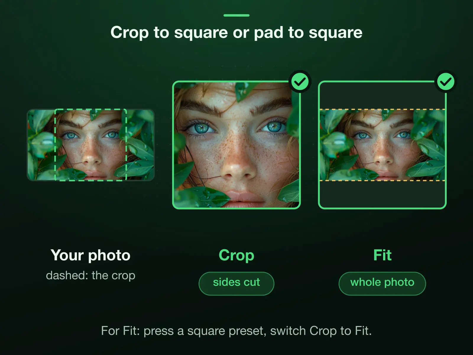 A wide photo made square two ways: a crop keeps the largest centred square at full detail and cuts the sides; a fit keeps the whole photo inside the square on a fill colour, with bands above and below.