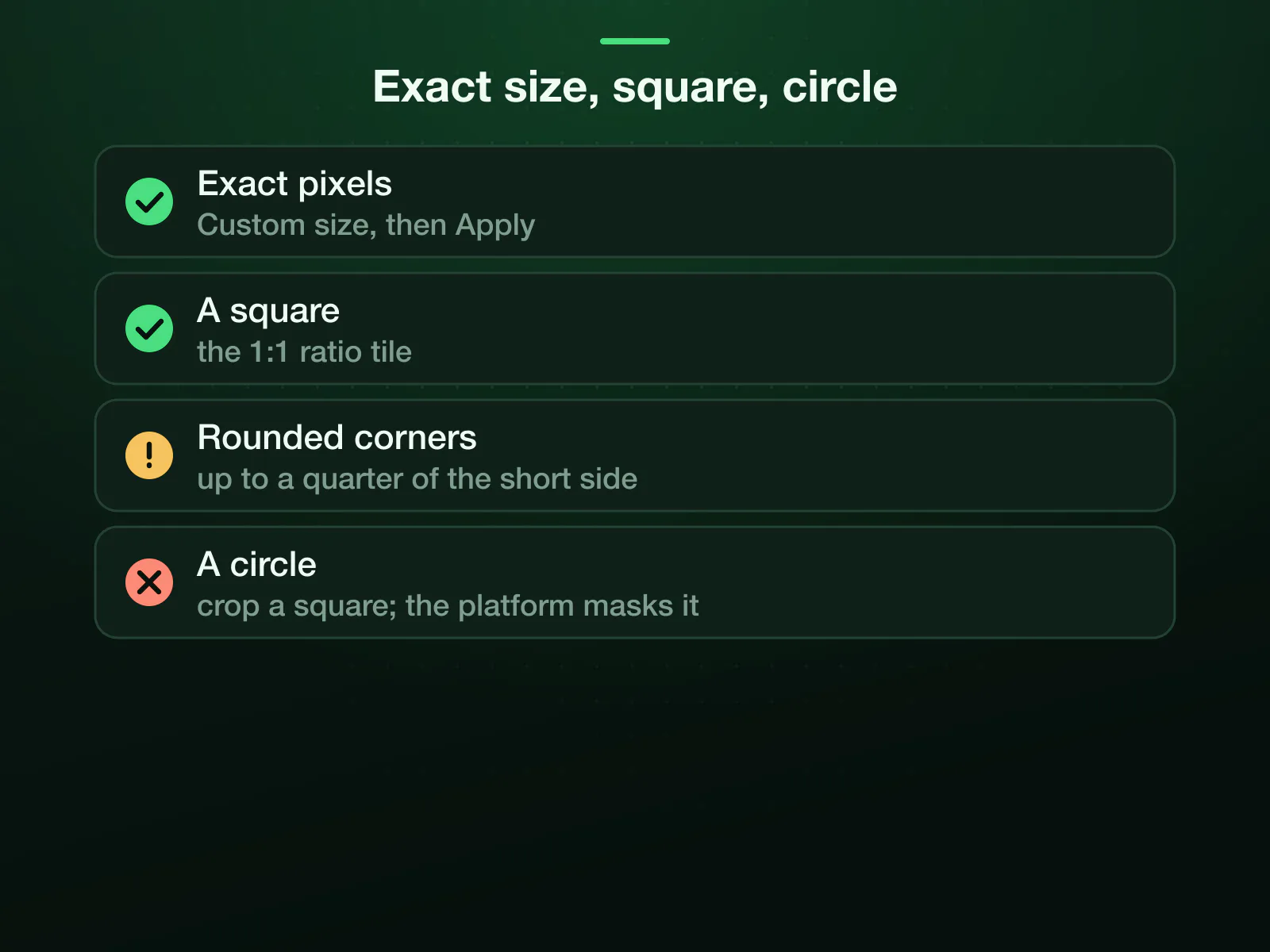 Three crops of a PNG: an exact size typed into Custom size, a 1:1 square from the ratio tiles, and a circle, which the editor does not cut; rounded corners stop at a quarter of the short side, and platforms mask a square into a circle themselves.
