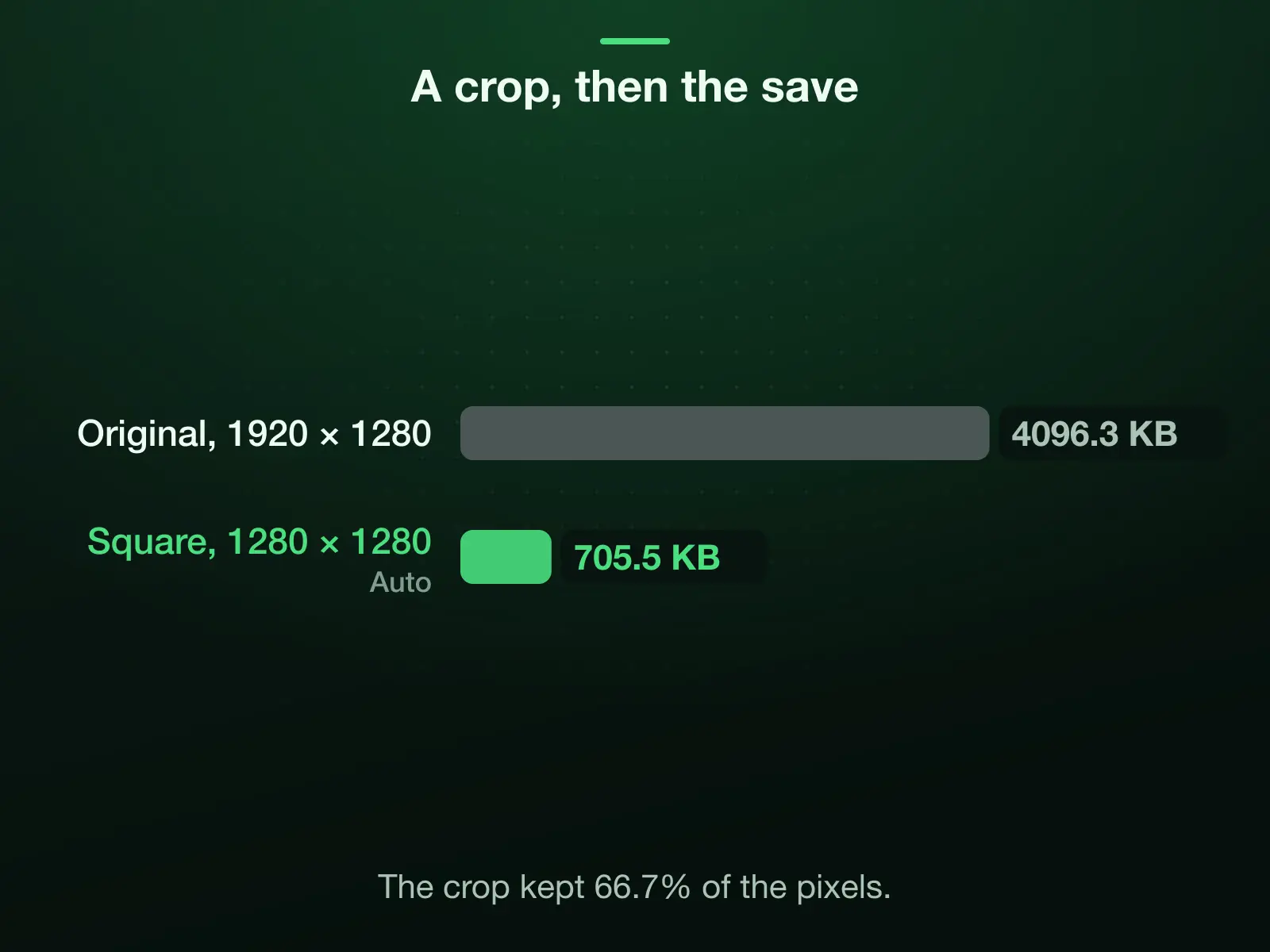 Our 1920 × 1280 photo PNG of 4.1 MB cropped to its centre square, 1280 × 1280: 705.5 KB saved at Auto. The crop kept 66.7% of the pixels; most of the drop in bytes is the palette the file is saved on.