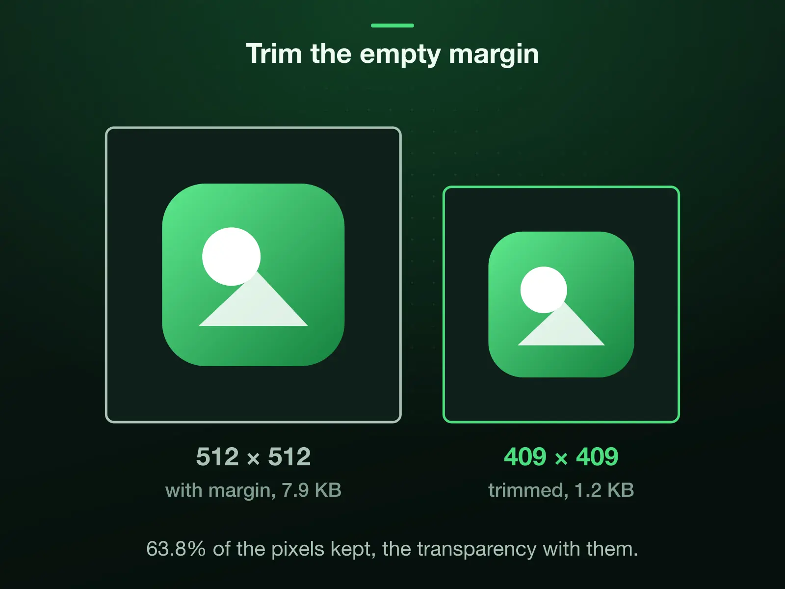 A 512 × 512 transparent PNG with a see-through margin around a logo: the crop frame dragged in to the logo's edges keeps 409 × 409, 63.8% of the pixels, and the file weighs 1.2 KB.