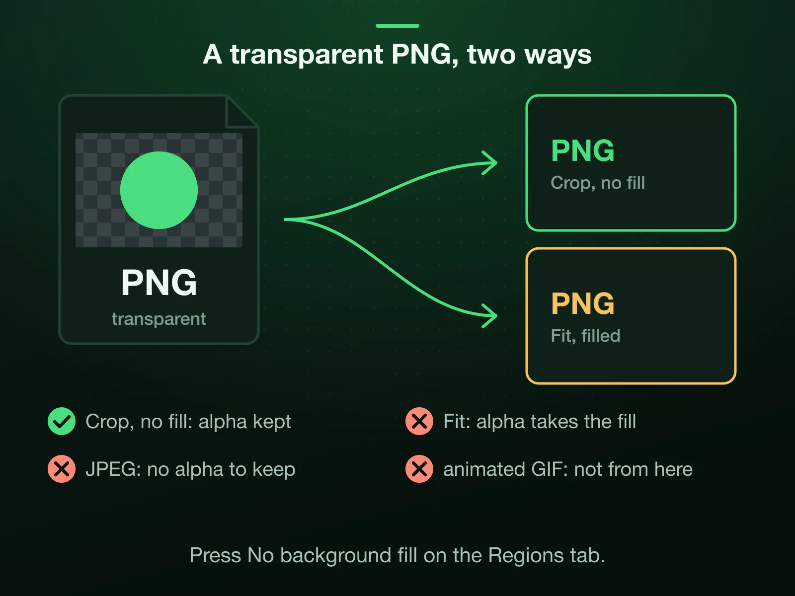 A transparent PNG through the editor: with Crop and No background fill it stays a PNG and keeps its transparent background; with Fit the fill is painted under the whole square. A JPEG has no transparency to keep, and an animated GIF is not something this editor exports.